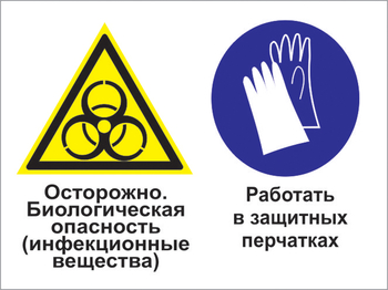 Кз 73 осторожно - биологическая опасность (инфекционные вещества). работать в защитных перчатках. (пластик, 400х300 мм) - Знаки безопасности - Комбинированные знаки безопасности - Магазин охраны труда Протекторшоп